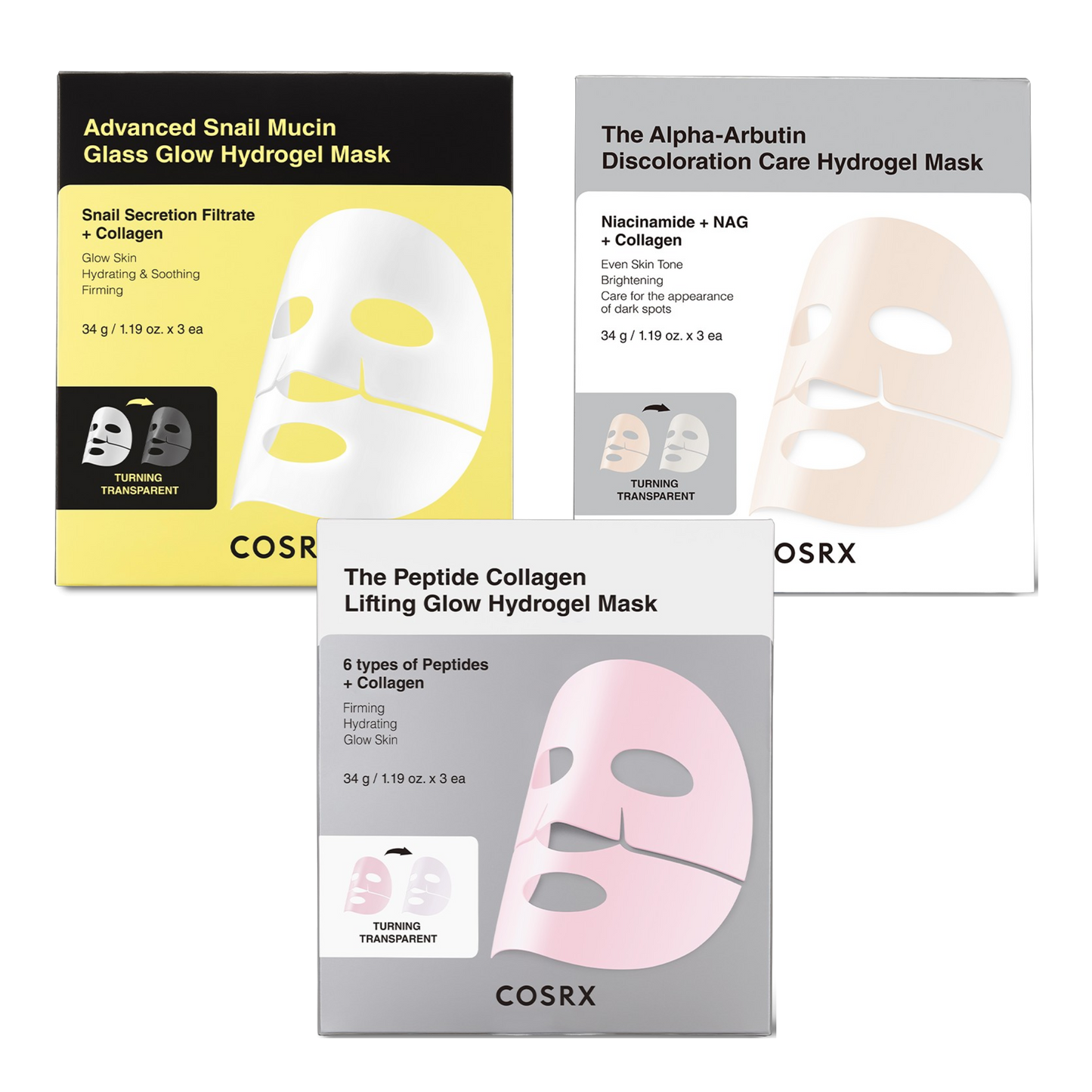 COSRX Hydrogel Mask 3 Sheets (Snail Mucin / Peptide Collagen / Alpha-Arbutin)