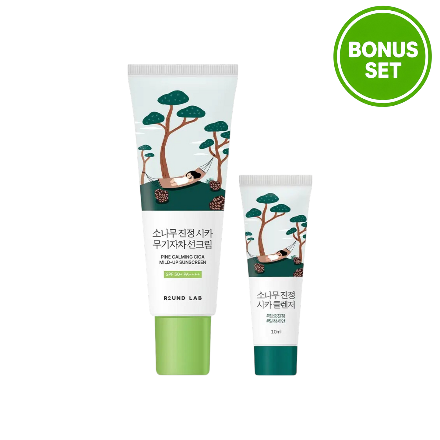 ROUND LAB Pine Calming Cica Mild-Up Sunscreen SPF50+ PA++++ 40ml + Pine Calming Cica Cleanser 10ml Bonus Set
