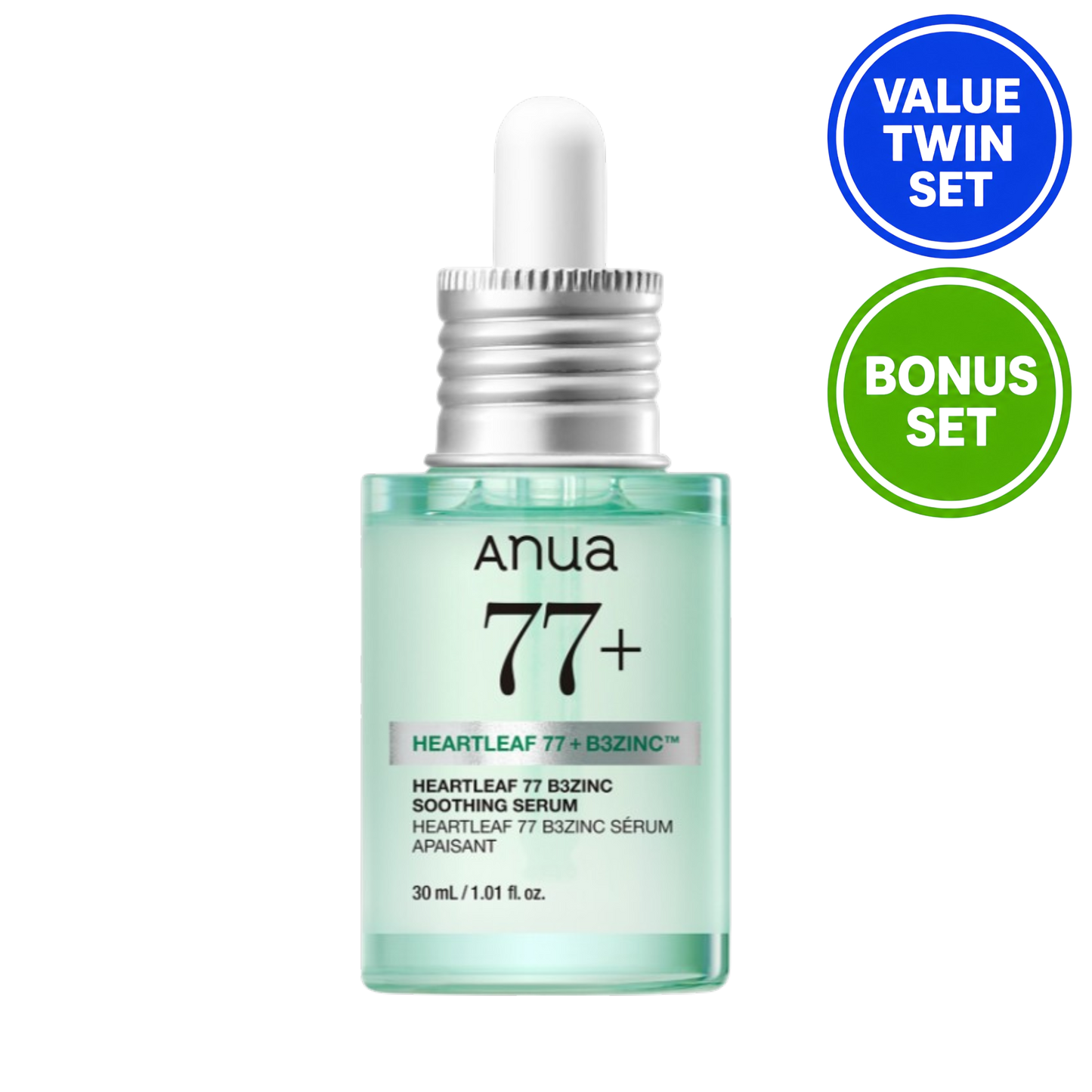 ANUA Heartleaf 77+ B3 Zinc Soothing Serum 30ml + 30ml + Heartleaf Soothing Cream 20ml  (Twin Value Set + Bonus)