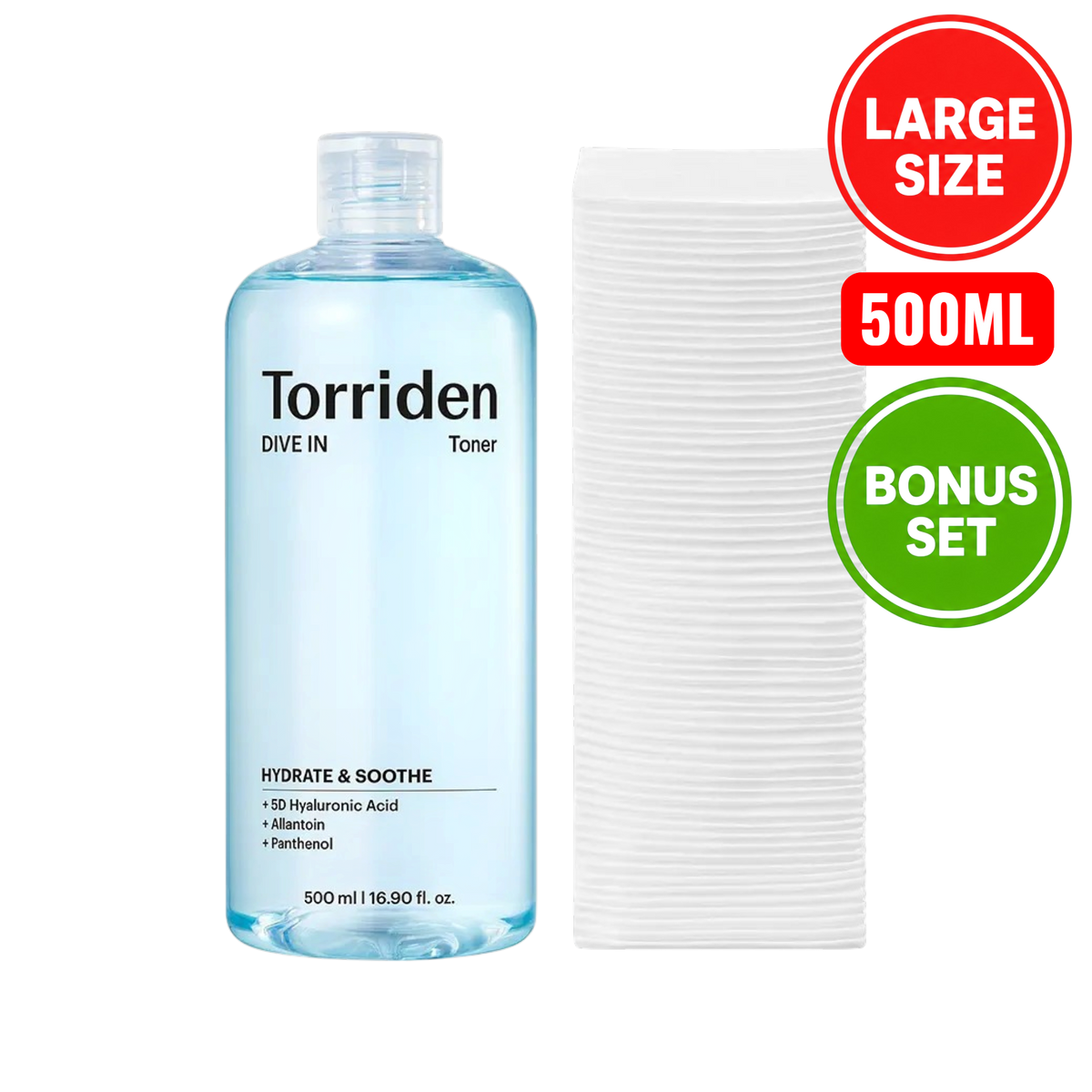 TORRIDEN Dive-In Low Molecular Hyaluronic Acid Toner 500ml + 60 Cotton Pads (Bonus Set)