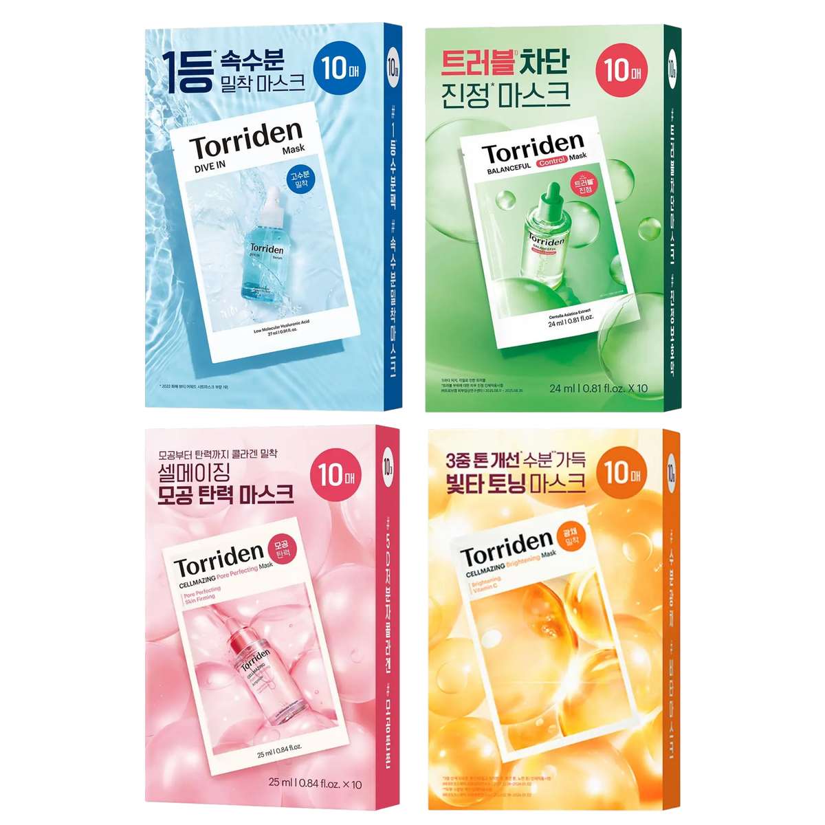 TORRIDEN Daily Sheet Mask - 10 Sheets (Dive-In Hyaluronic Acid / Balanceful Control / Cellmazing Brightening / Cellmazing Pore Perfecting)
