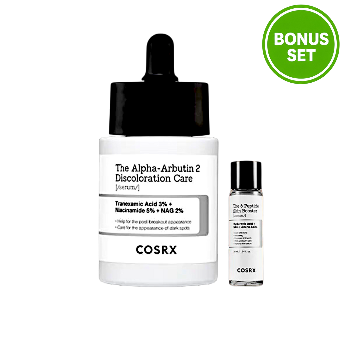 COSRX The Alpha-Arbutin 2 Discoloration Care Serum 50ml + The 6 Peptide Skin Booster Serum 30ml Bonus Set