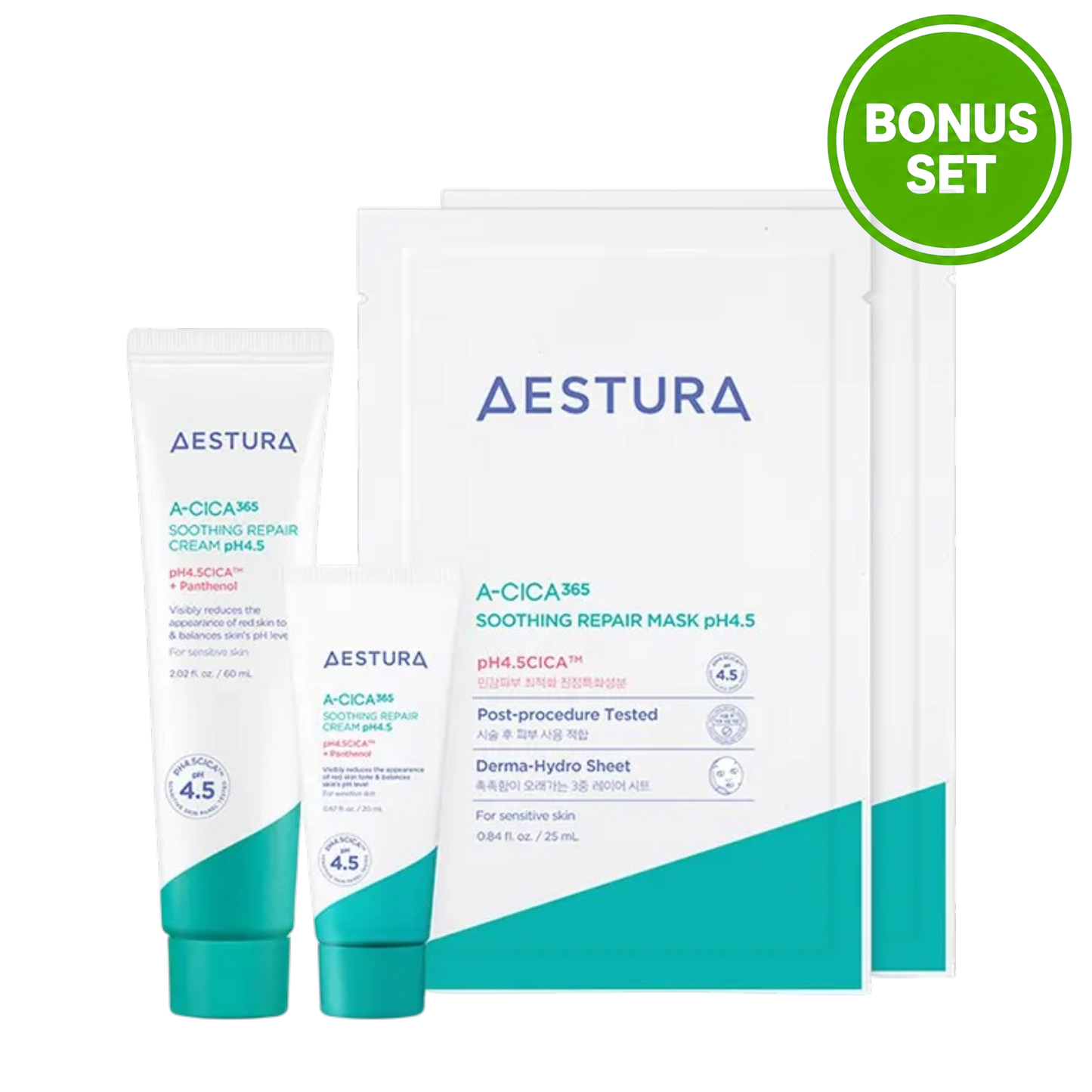 AESTURA A-CICA 365 SOOTHING REPAIR CREAM pH4.5 60ML + 20ML EXTRA + SOOTHING REPAIR MASK 2 SHEETS BONUS SET