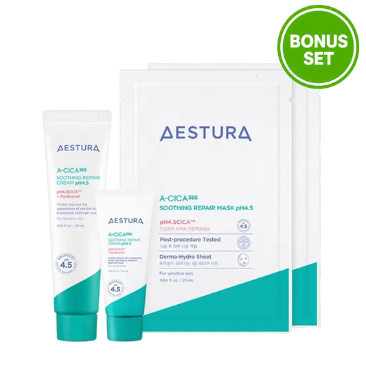 AESTURA A-CICA 365 SOOTHING REPAIR CREAM pH4.5 60ML + 20ML EXTRA + SOOTHING REPAIR MASK 2 SHEETS BONUS SET