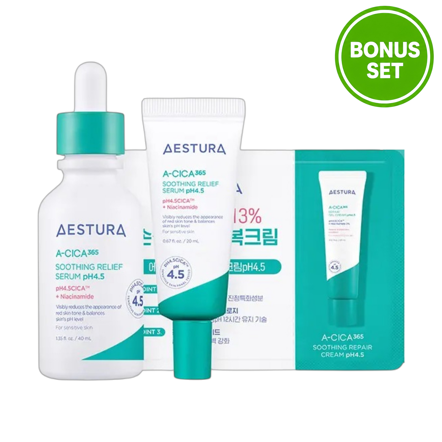 AESTURA A-CICA 365 SOOTHING RELIEF SERUM PH4.5 40ML + 20ML EXTRA + CREAM 1ML BONUS SET