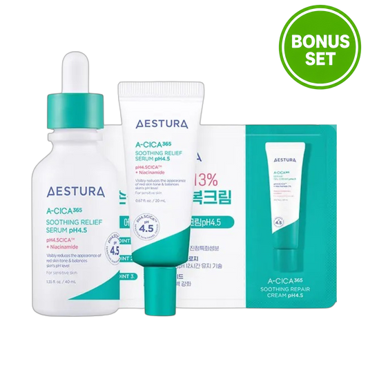 AESTURA A-CICA 365 SOOTHING RELIEF SERUM PH4.5 40ML + 20ML EXTRA + CREAM 1ML BONUS SET